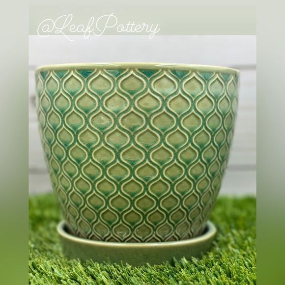 Coral Aqua/Green Ceramic Planter Pot with Saucer Attached - Picture 8 of 8
